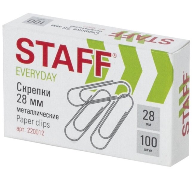 Скрепки STAFF EVERYDAY, 28 мм, металлические, 100 шт.