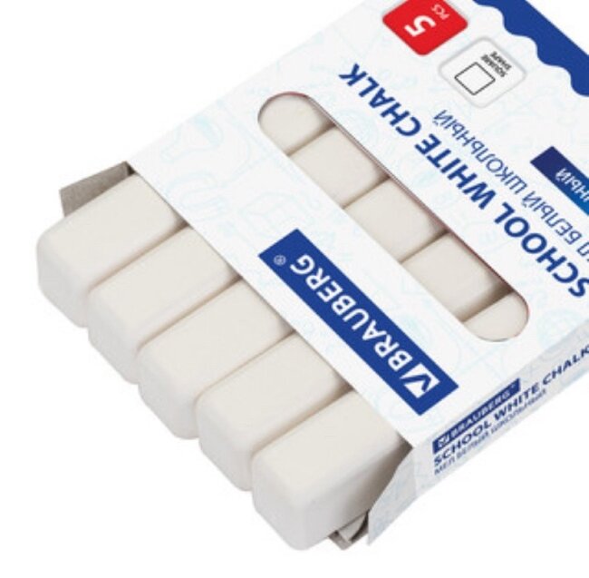 Мел белый BRAUBERG, НАБОР 5 шт., утолщенный, квадратный