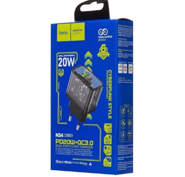 Hoco N34 dazzling dual-port PD20W+QC3.0 charger (EU) Transparent Black
